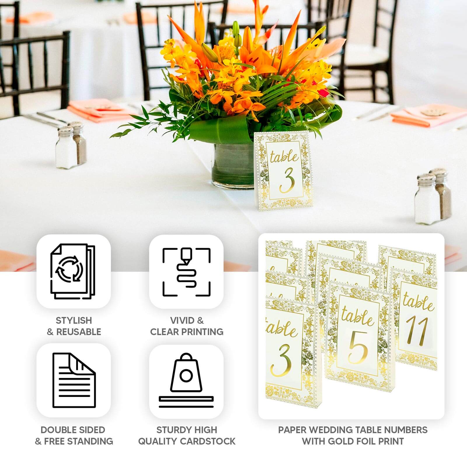 25 Pack White Metallic Gold Wedding Table Numbers With French Toile Floral and Foil Numbers Print, 7" Free Standing Double Sided Paper Table Sign Cards 1-25