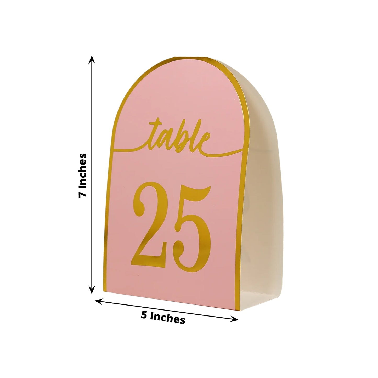 Blush pink double-sided table number card with metallic gold foil, 7 inches tall.