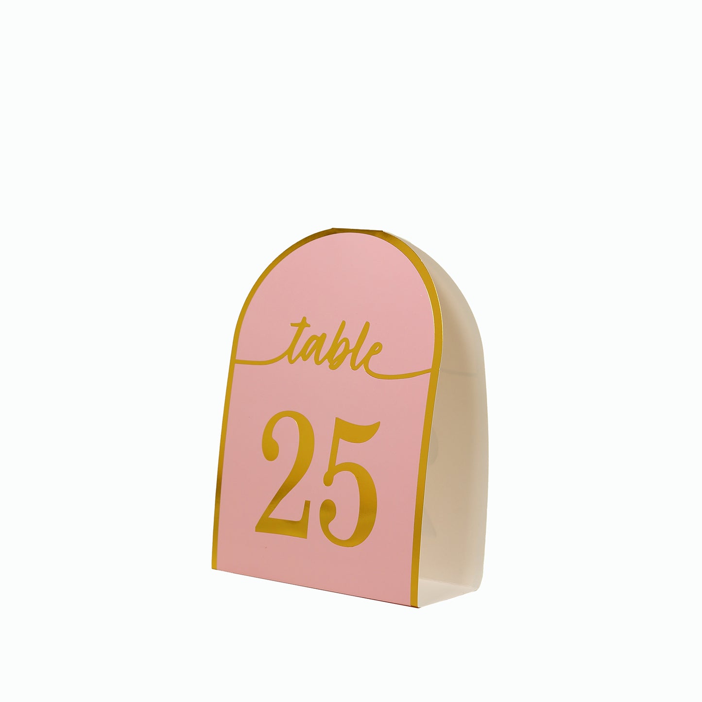 Blush table number card with gold foil, number 25, free standing.
