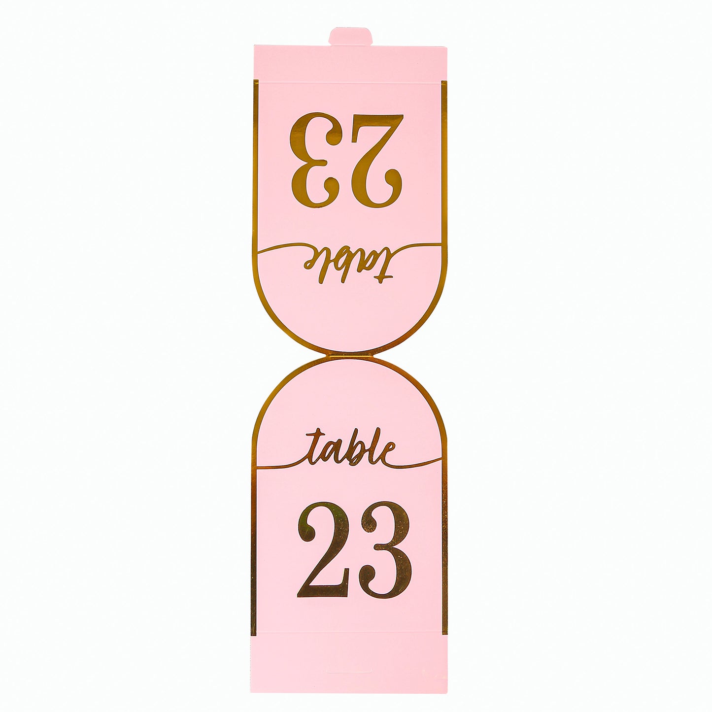 Blush pink table numbers with metallic gold foil, numbers 1-25, double-sided design.
