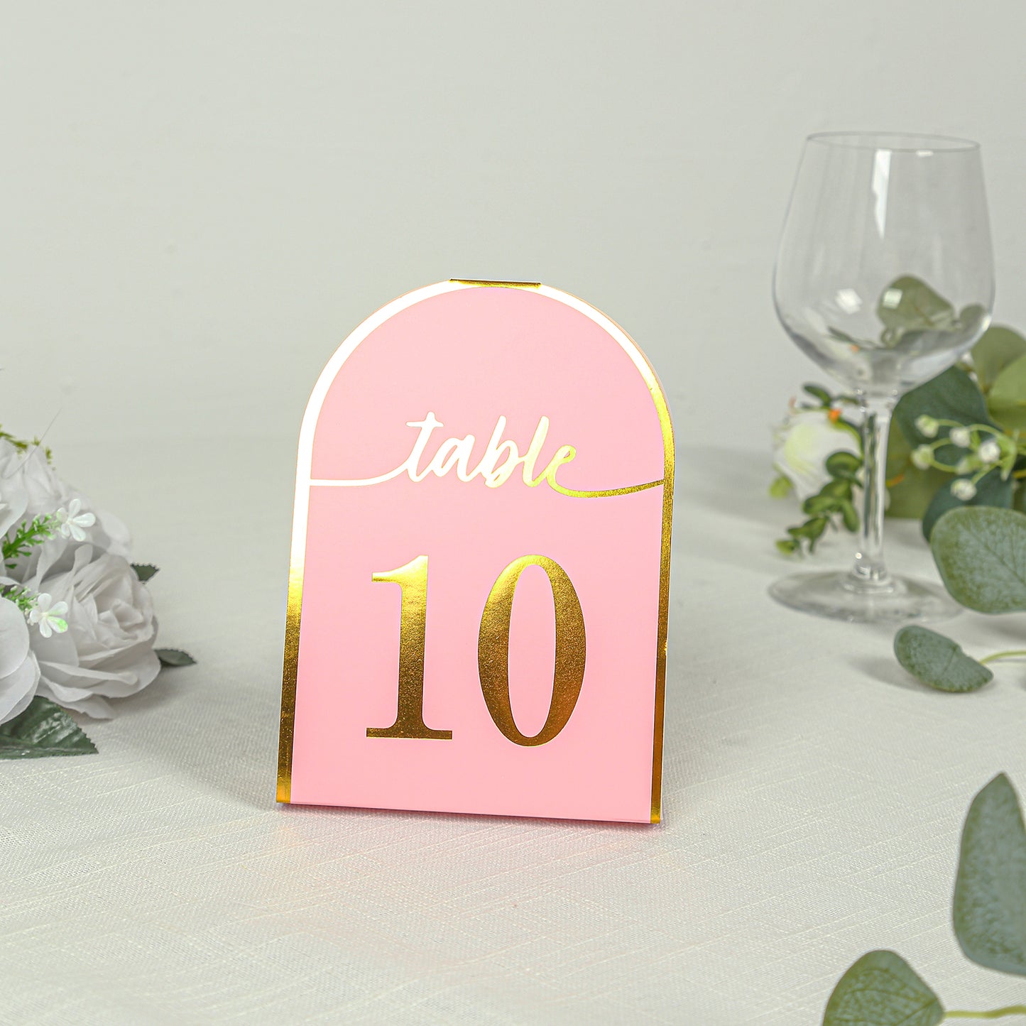 Blush pink table number card with gold foil, displaying number 10.