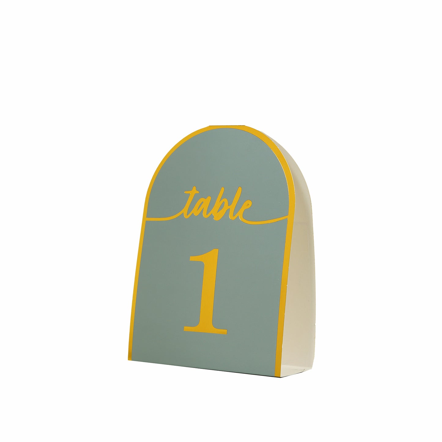 Dusty blue table number card with metallic gold foil number 1.
