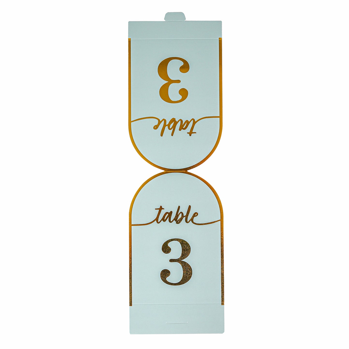 Dusty blue table number card with metallic gold foil number 3.