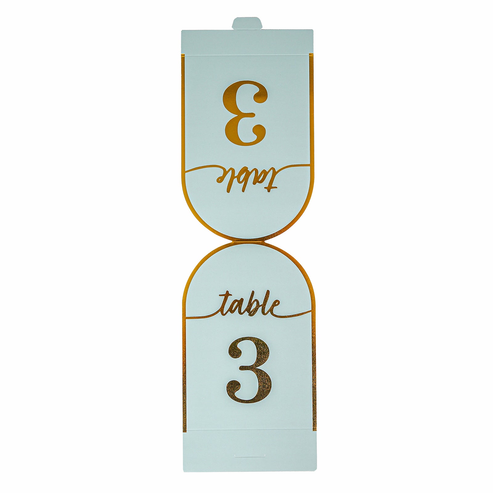 Dusty blue table number card with metallic gold foil number 3.