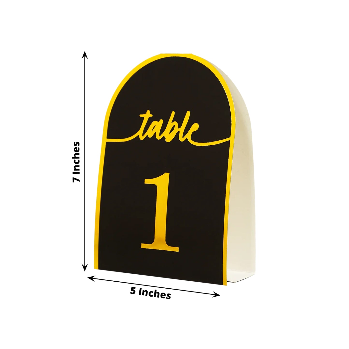 Black and gold disposable table number card, 7 inches tall, with number 1.