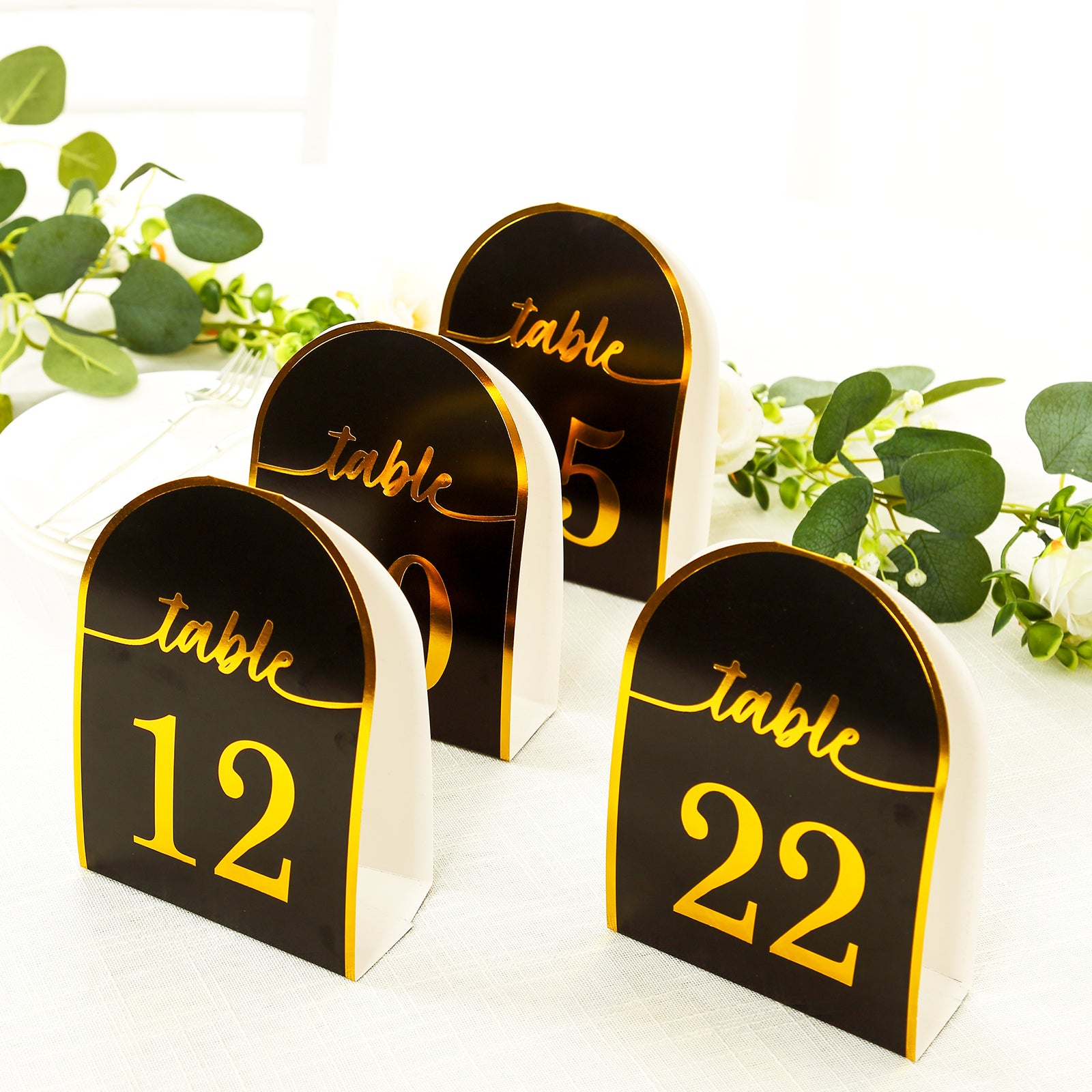 Black and gold disposable table numbers, double-sided, numbers 1-25.