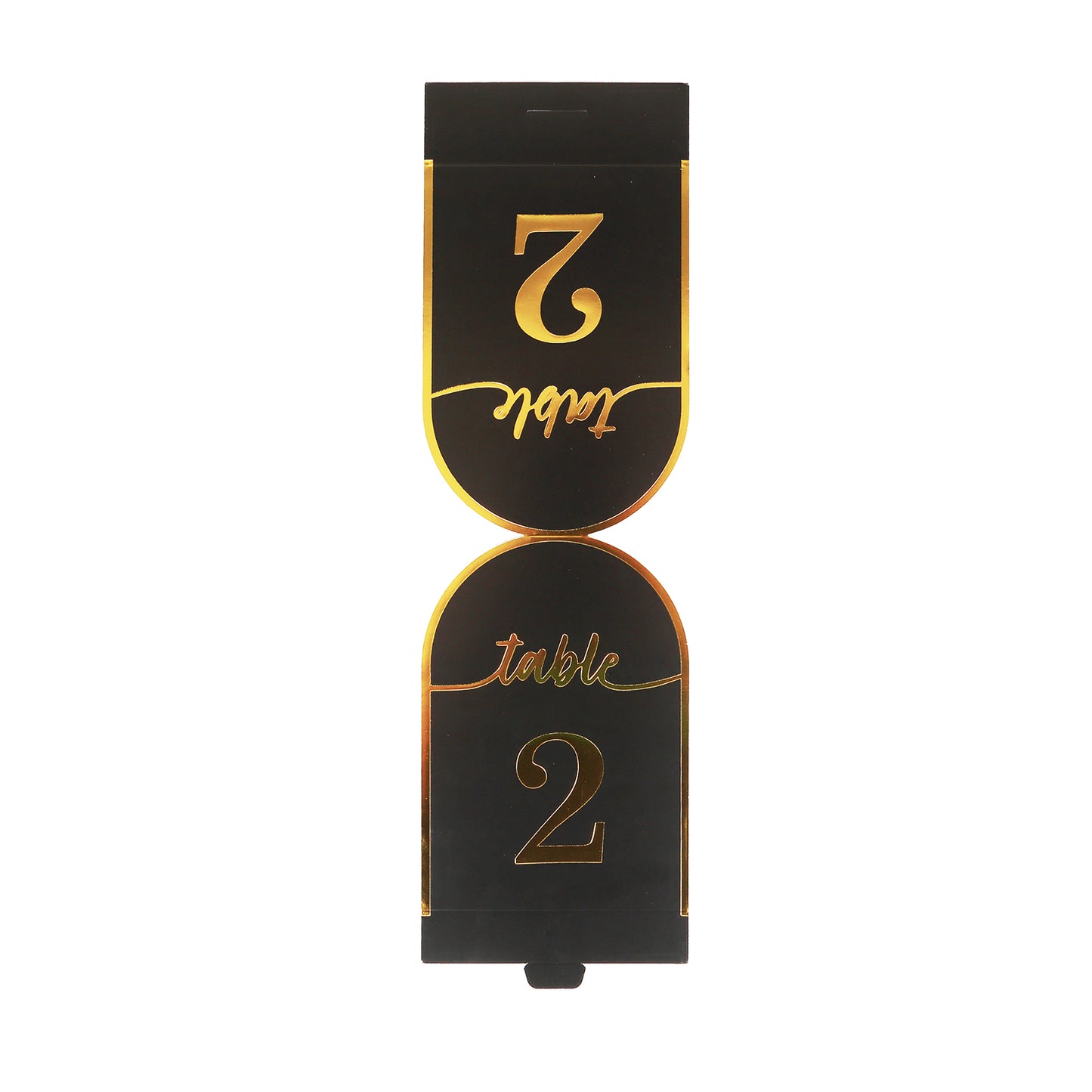 Black disposable table number card with metallic gold foil numbers.