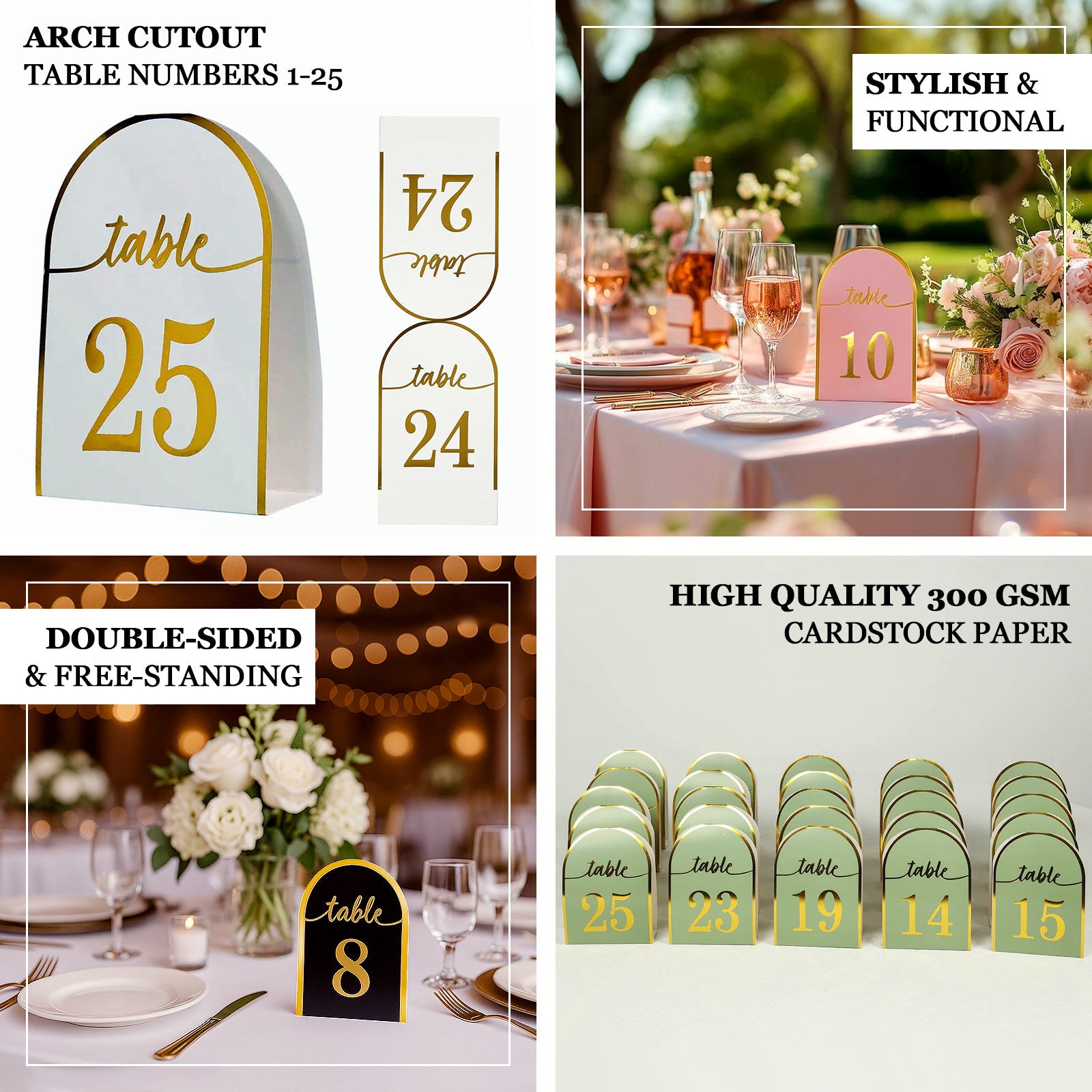 Dusty blue double-sided table numbers with metallic gold foil, 1-25.