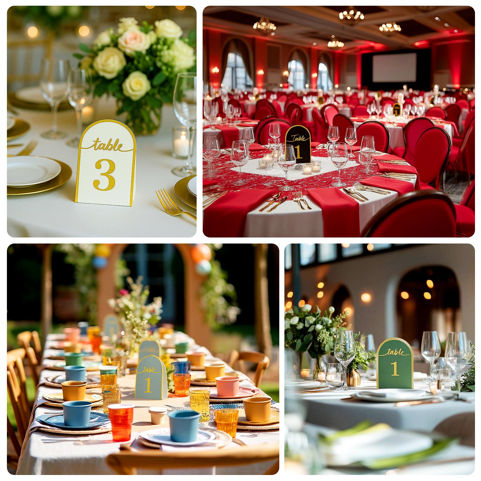 White and gold disposable table numbers for events, featuring numbers 1-25.