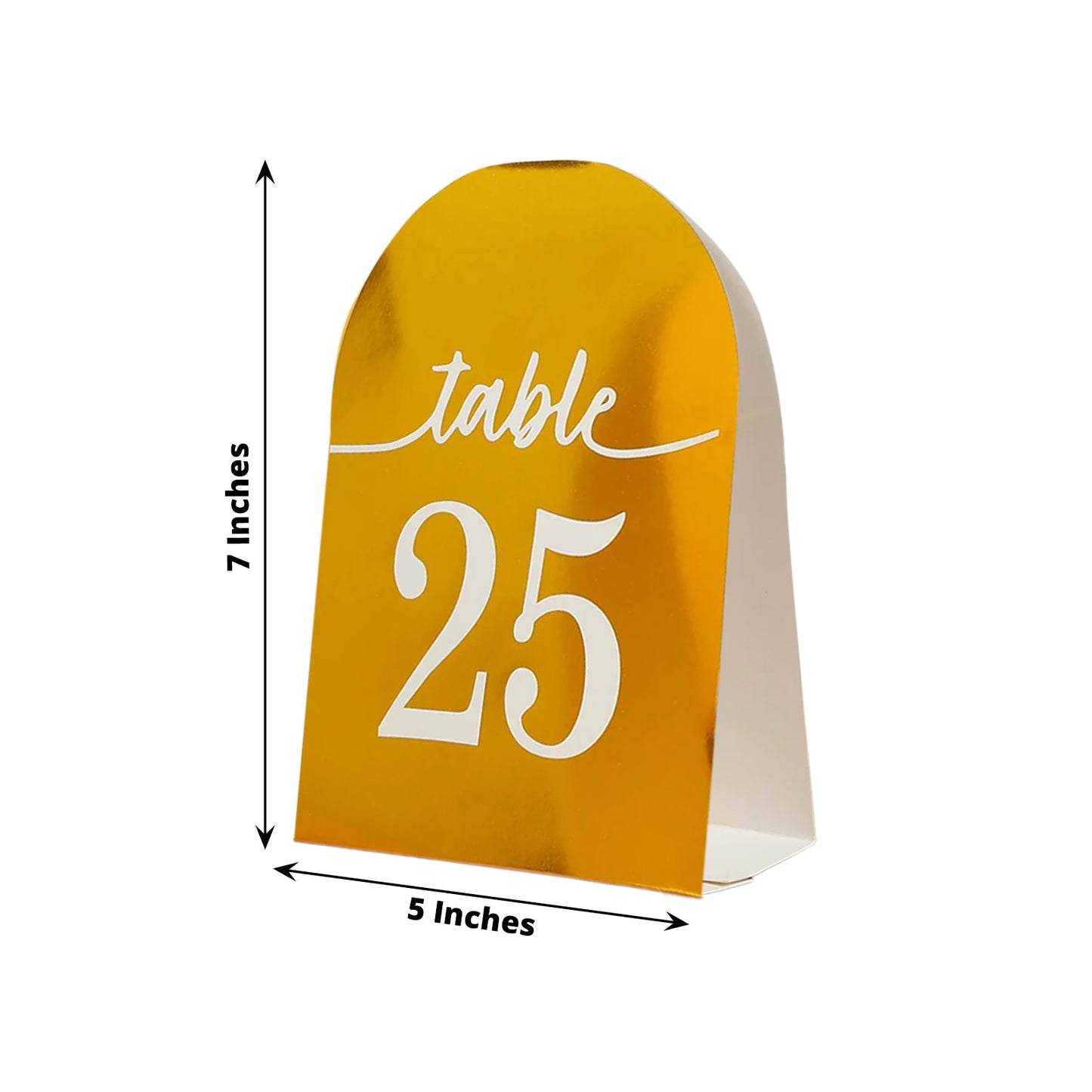 Metallic gold table number card with white numbers, 7 inches tall.