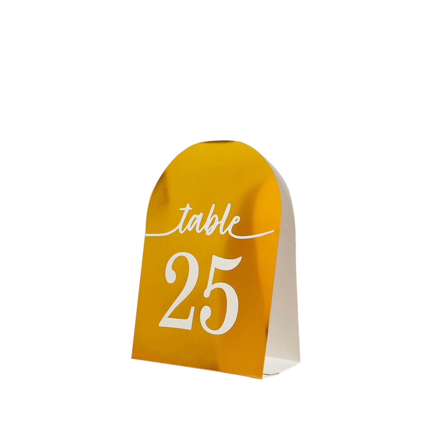 Metallic gold table number card featuring white numbers 1-25, free standing.