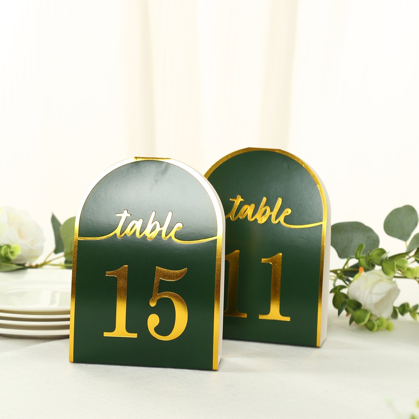 Hunter emerald green table numbers with metallic gold foil, double-sided design.