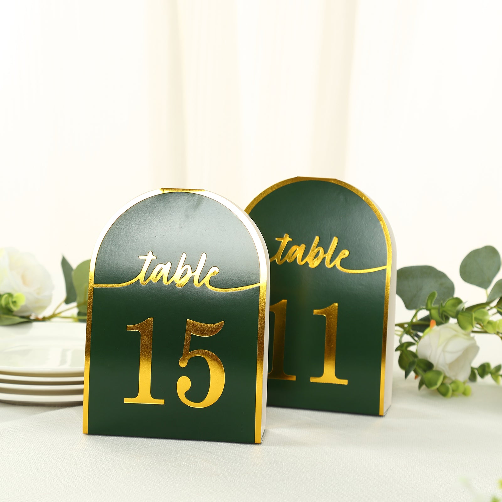 Hunter emerald green table numbers with metallic gold foil, double-sided design.