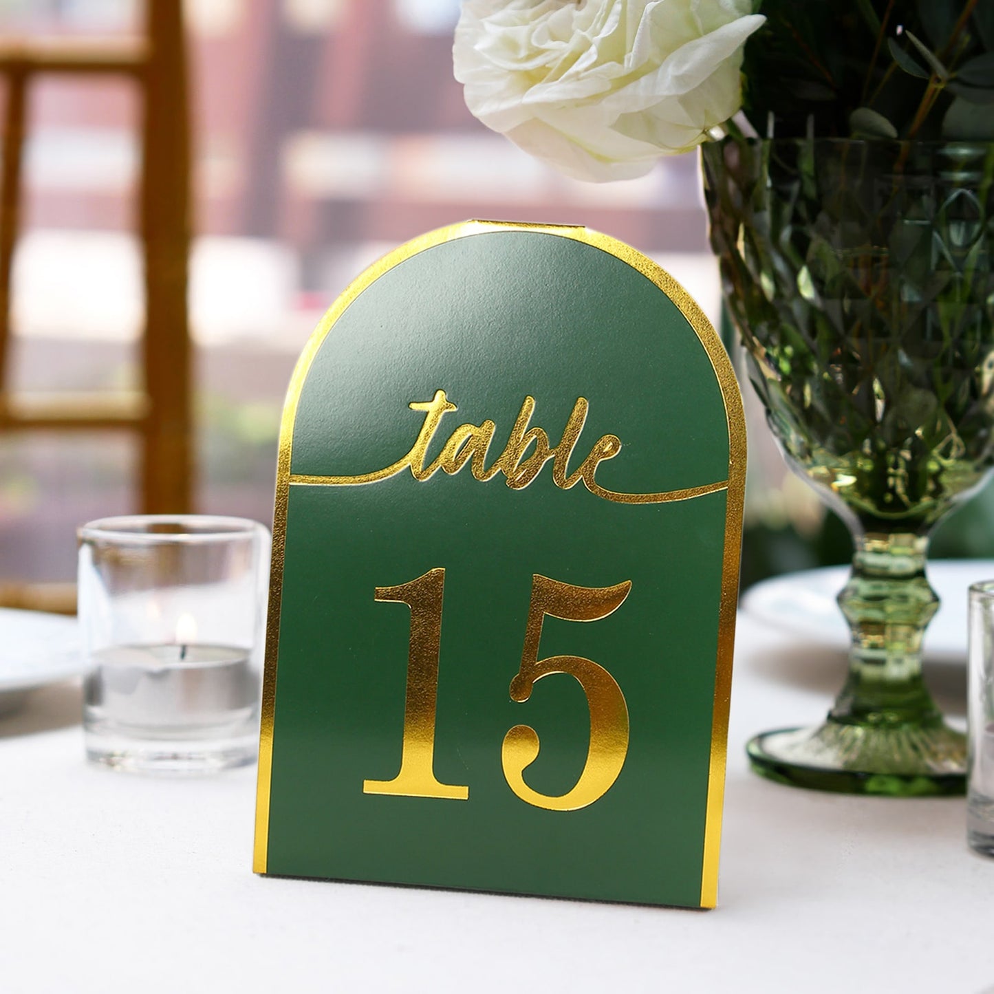 Hunter emerald green table number card with metallic gold foil number 15.