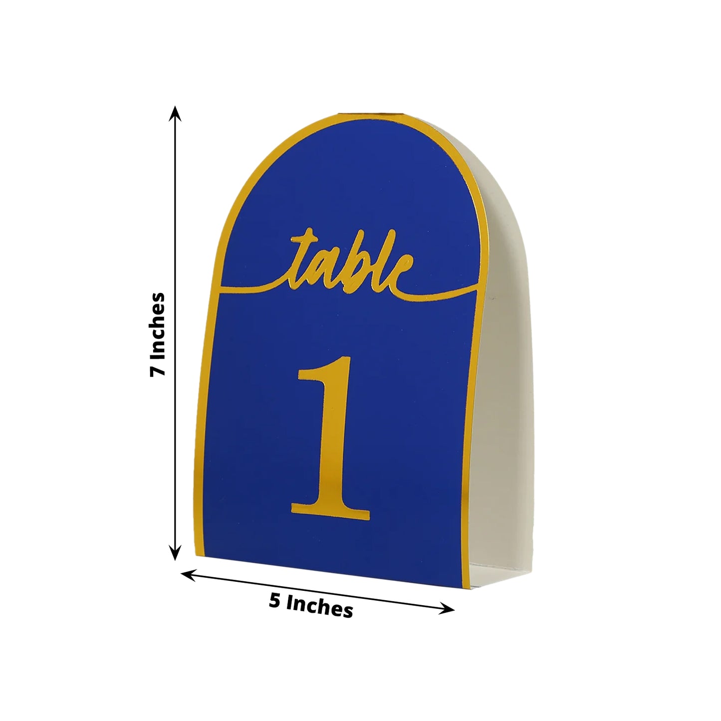 Royal blue double-sided table number card with metallic gold foil number 1.