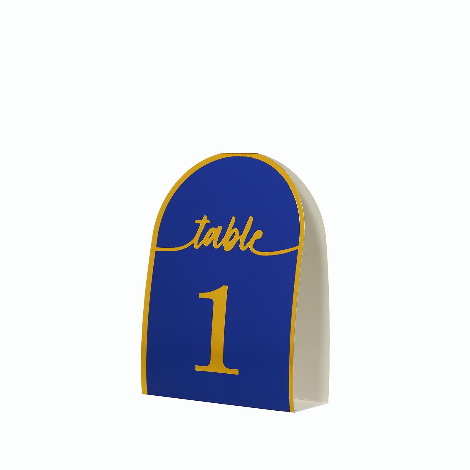 Royal blue table number card with metallic gold foil number 1.