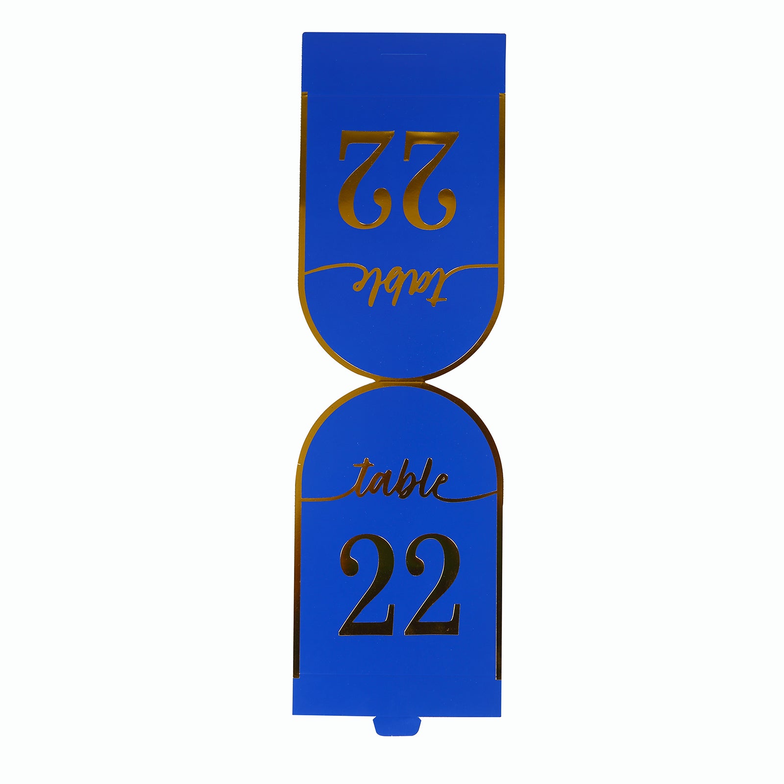 Royal blue double-sided table number card with metallic gold foil numbers.