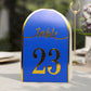Royal blue and gold table number card, free standing, for events or dining.