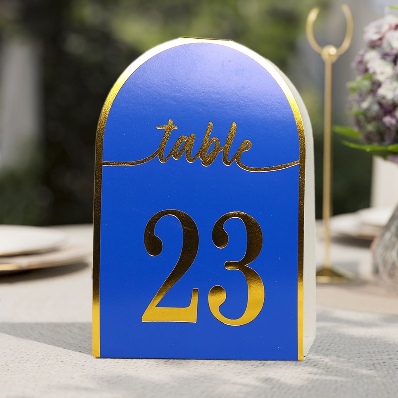 Royal blue and gold table number card, free standing, for events or dining.