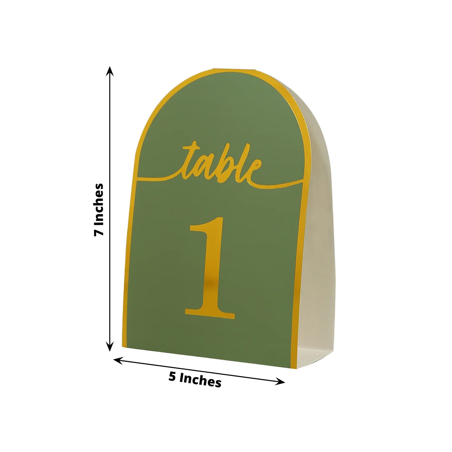 Sage green table number card with metallic gold foil number 1.