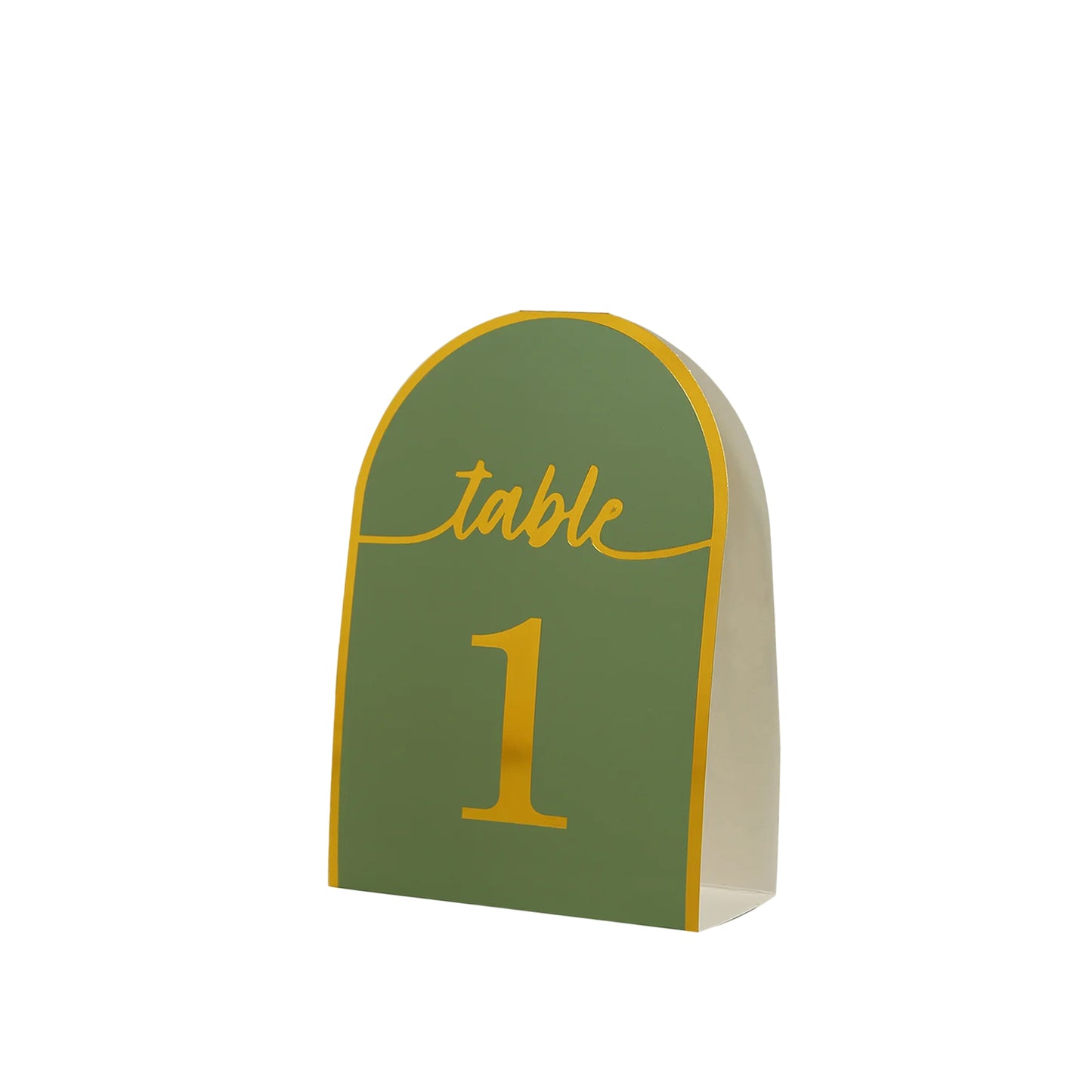 Sage green table number card with metallic gold foil number 1.