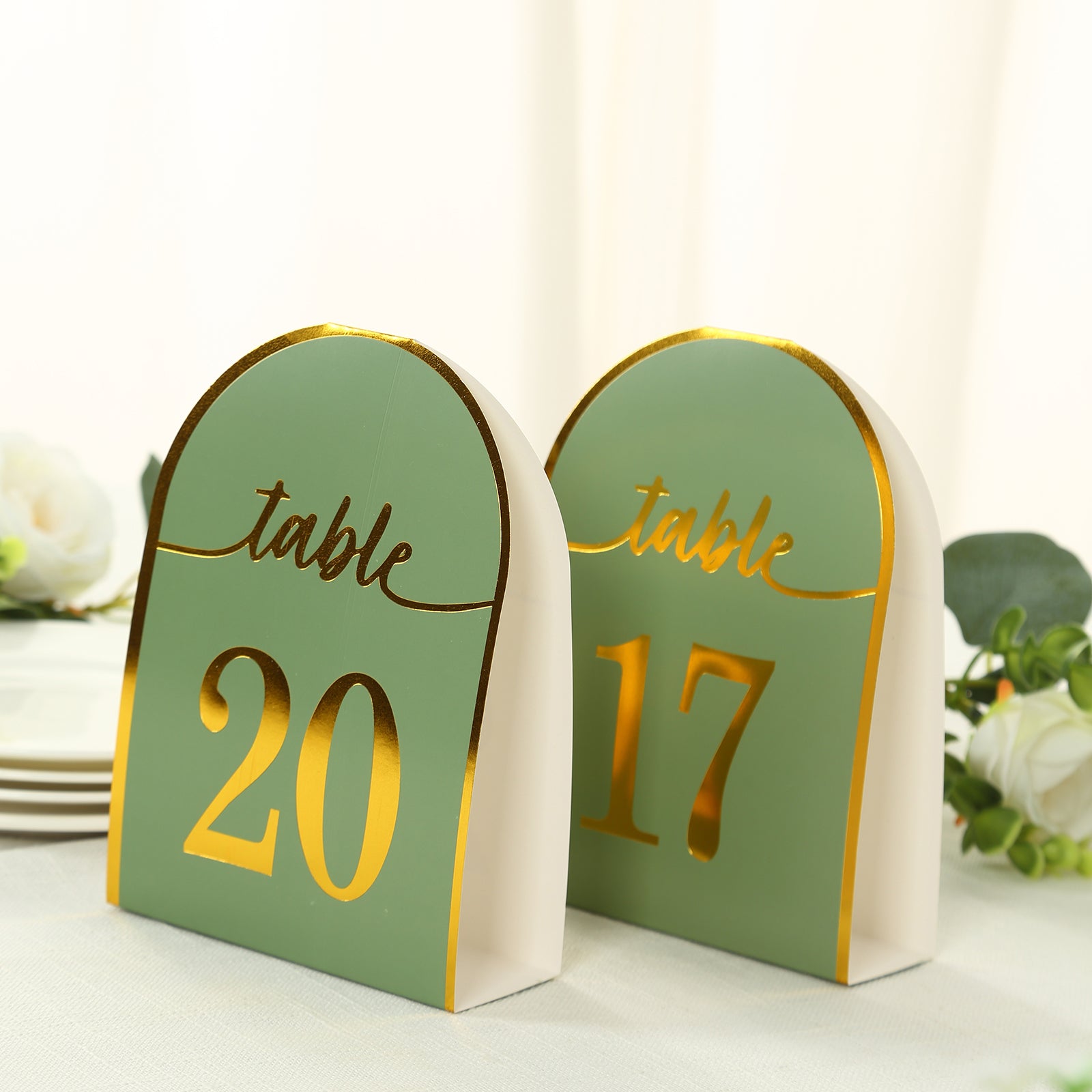 Sage green disposable table numbers with gold foil, numbers 1-25.