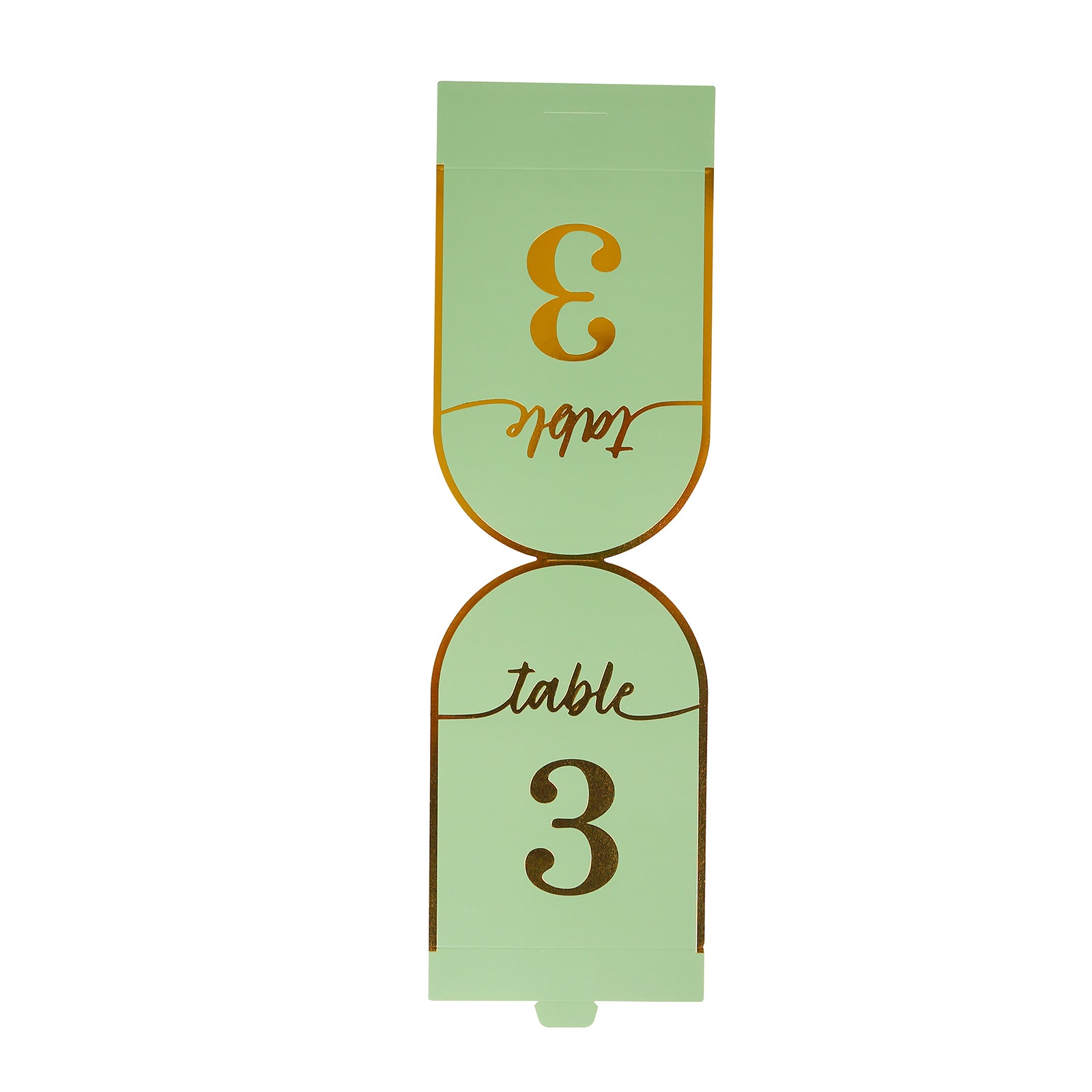 Sage green table number card with metallic gold foil number 3.