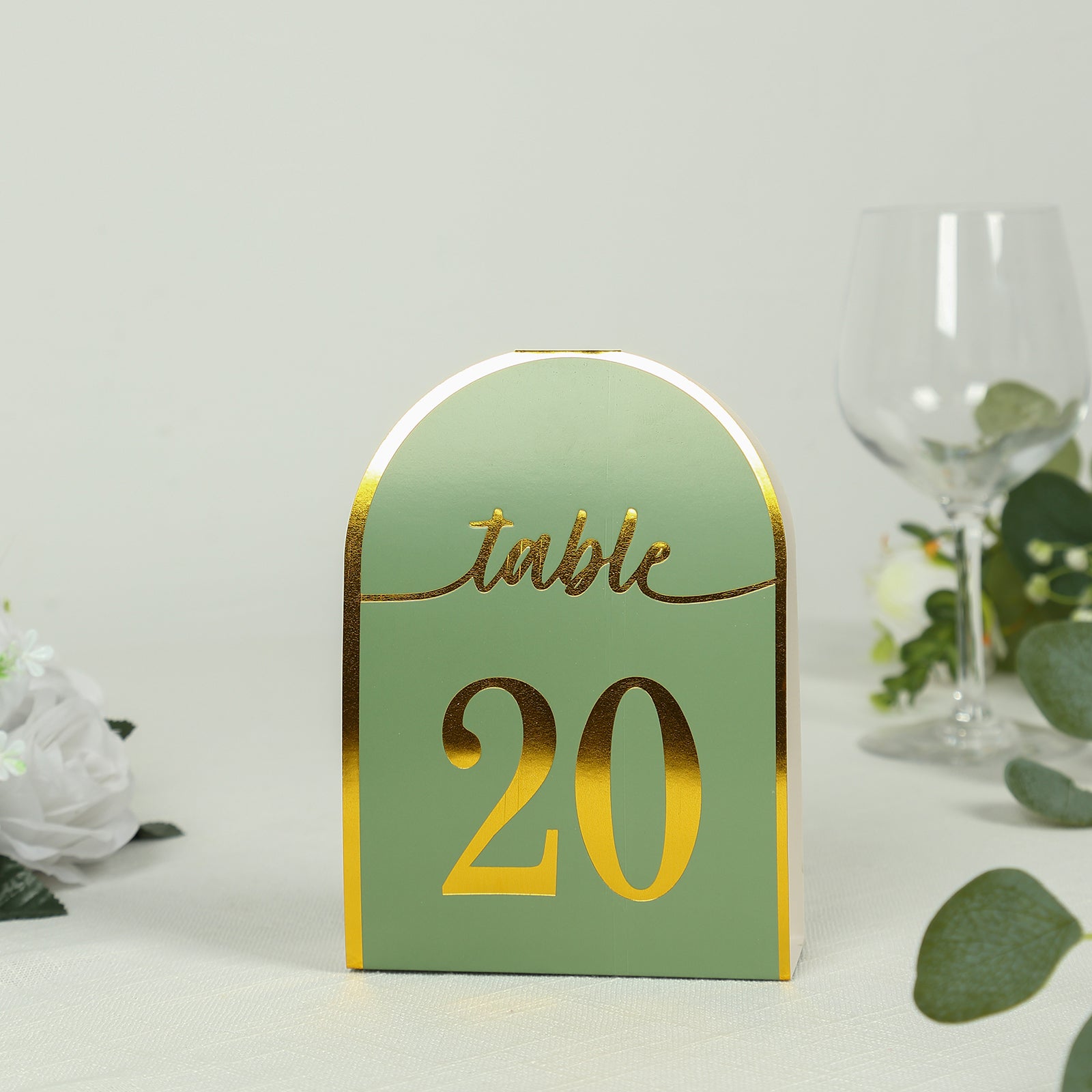 Sage green table number card with metallic gold foil, number 20.