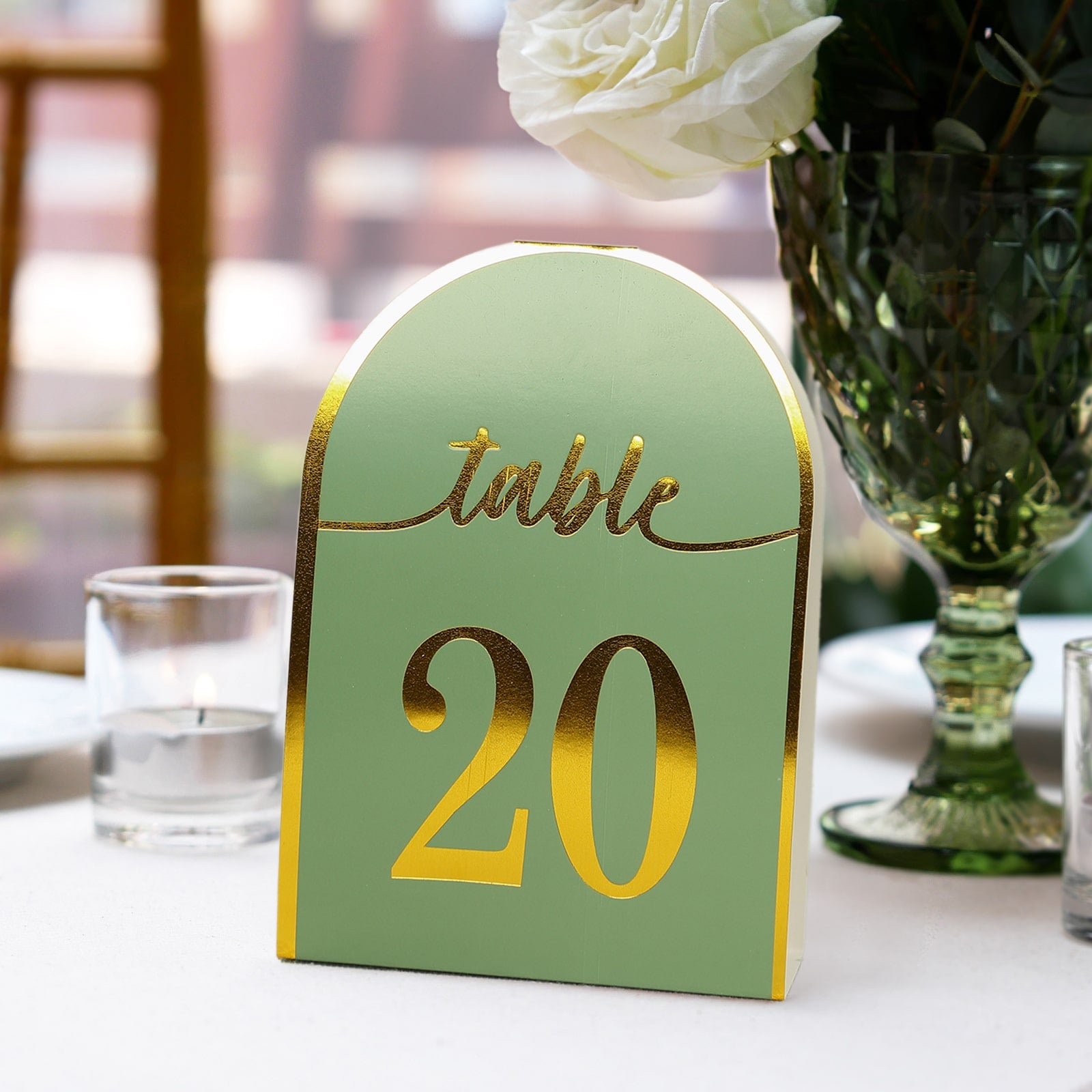 Sage green table number card with metallic gold foil, displaying number 20.