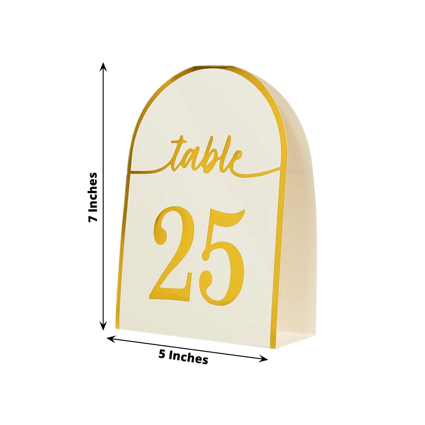 White and gold double-sided table number card, 7 inches tall, number 25.