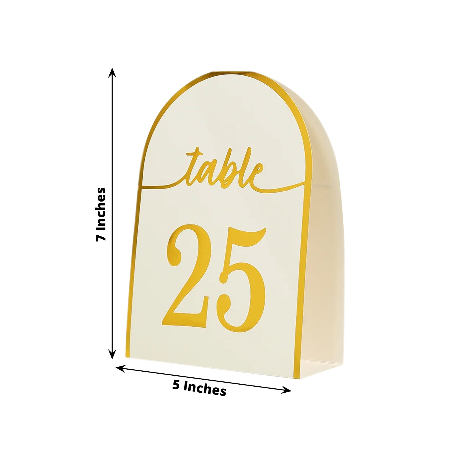 White and gold double-sided table number card, 7 inches tall, number 25.