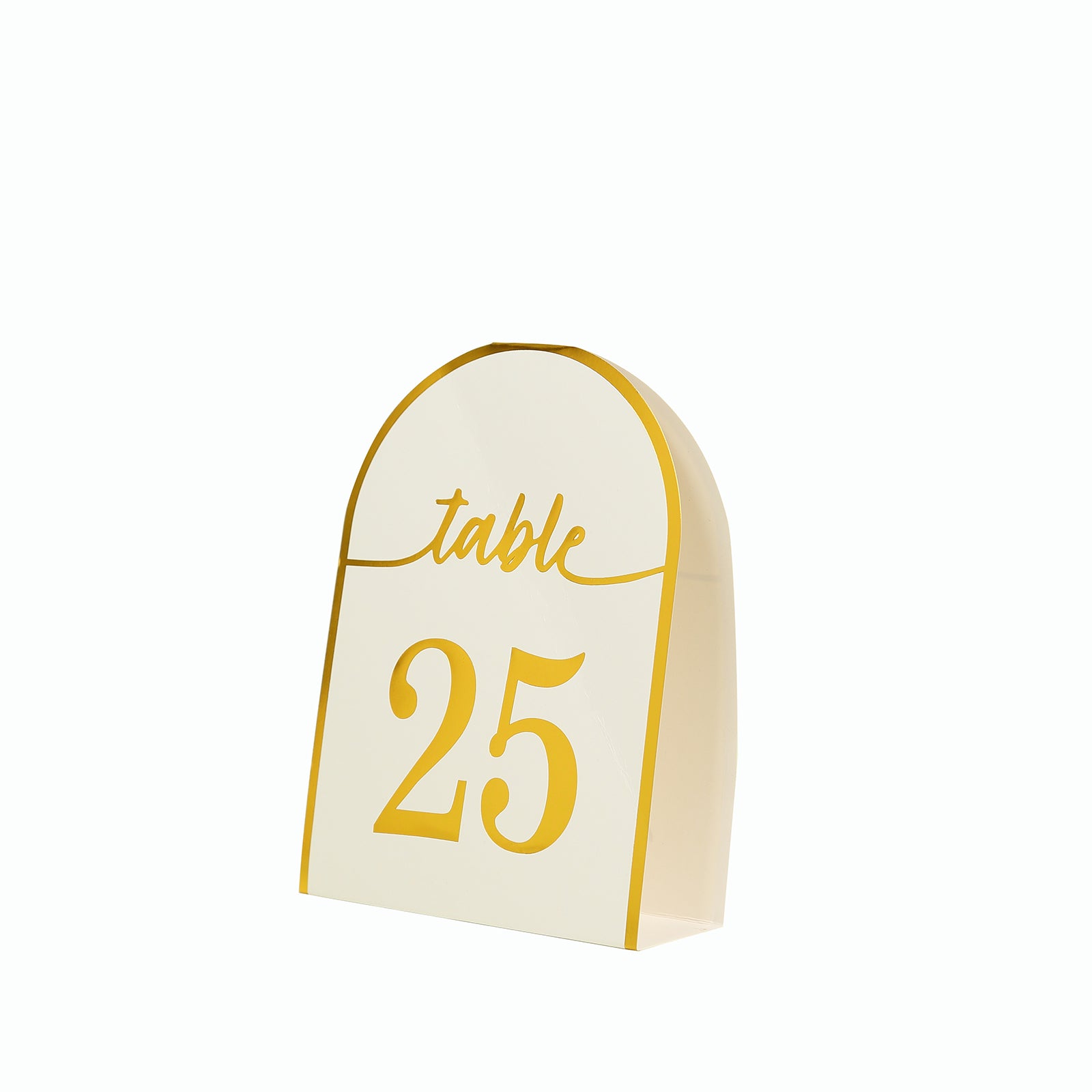 White and gold table number card for events, displaying number 25.