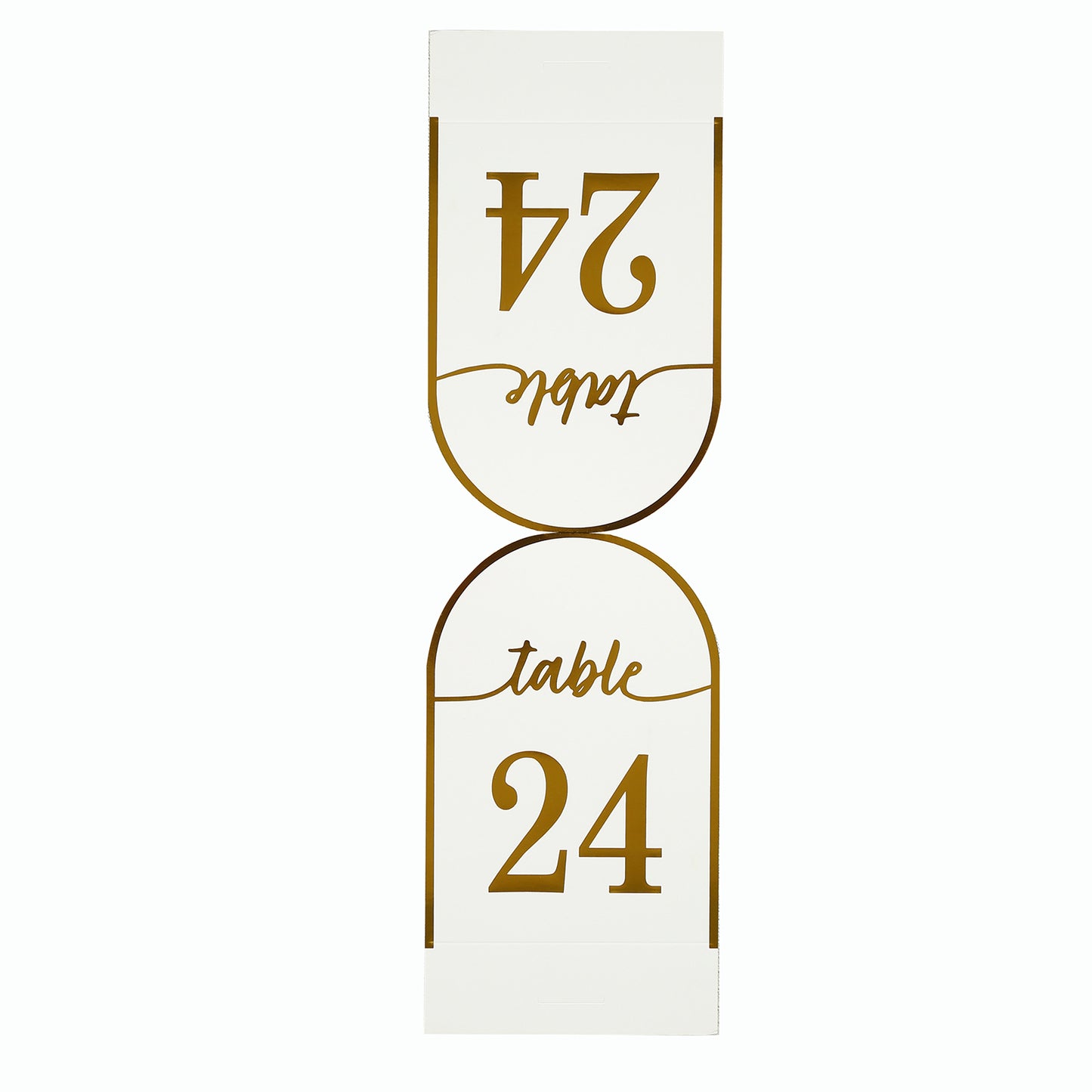White double-sided table number cards with metallic gold foil numbers 1-25.