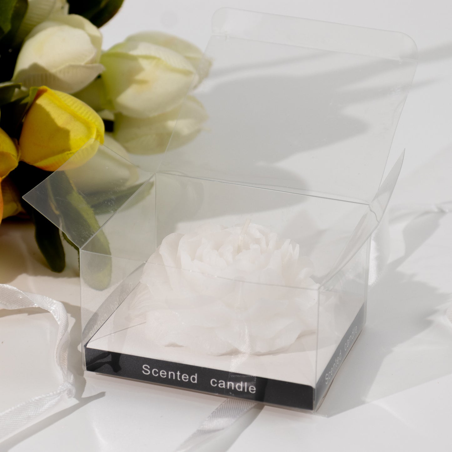 5 Pack White Peony Flower Scented Candles, 3" Decorative Floating Wax Candles Wedding Favors with Individual Gift Boxes and Ribbons