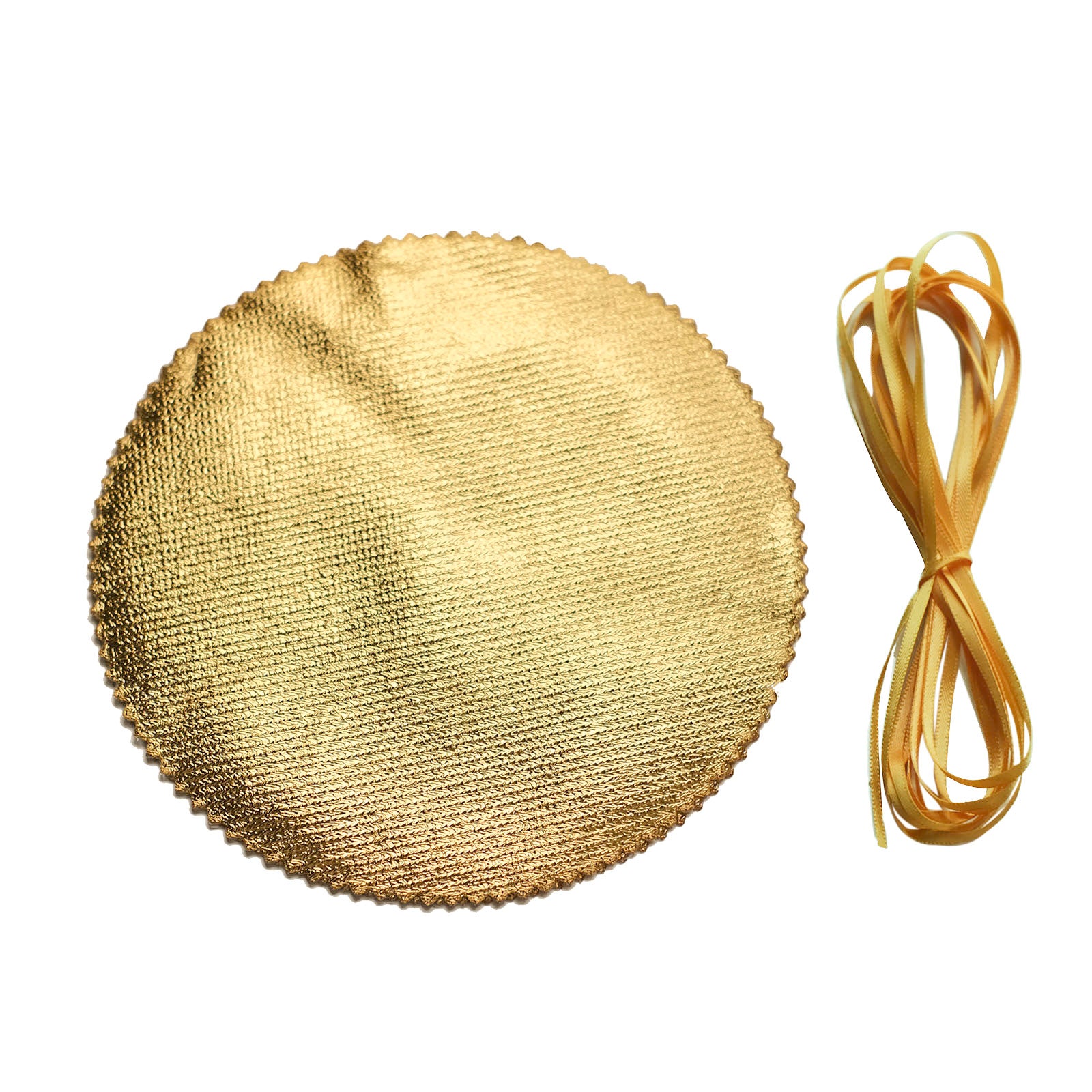 Metallic gold round fabric jar covers with satin tie string.