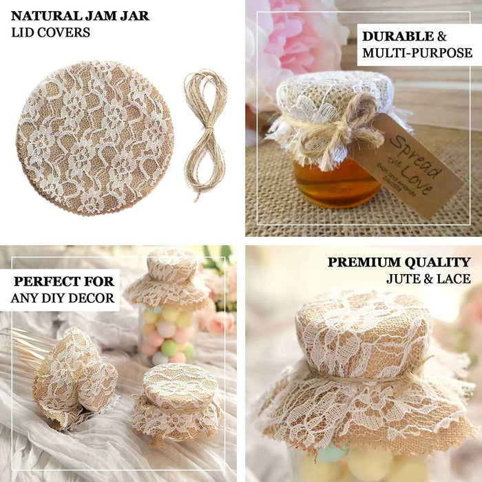 Rustic burlap and white lace mason jar lid covers with jute string.