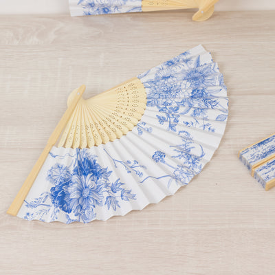 White & Blue French Toile Folding Fans