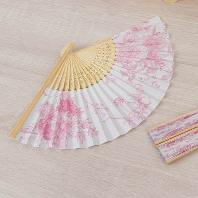 White & Pink French Toile Folding Fans