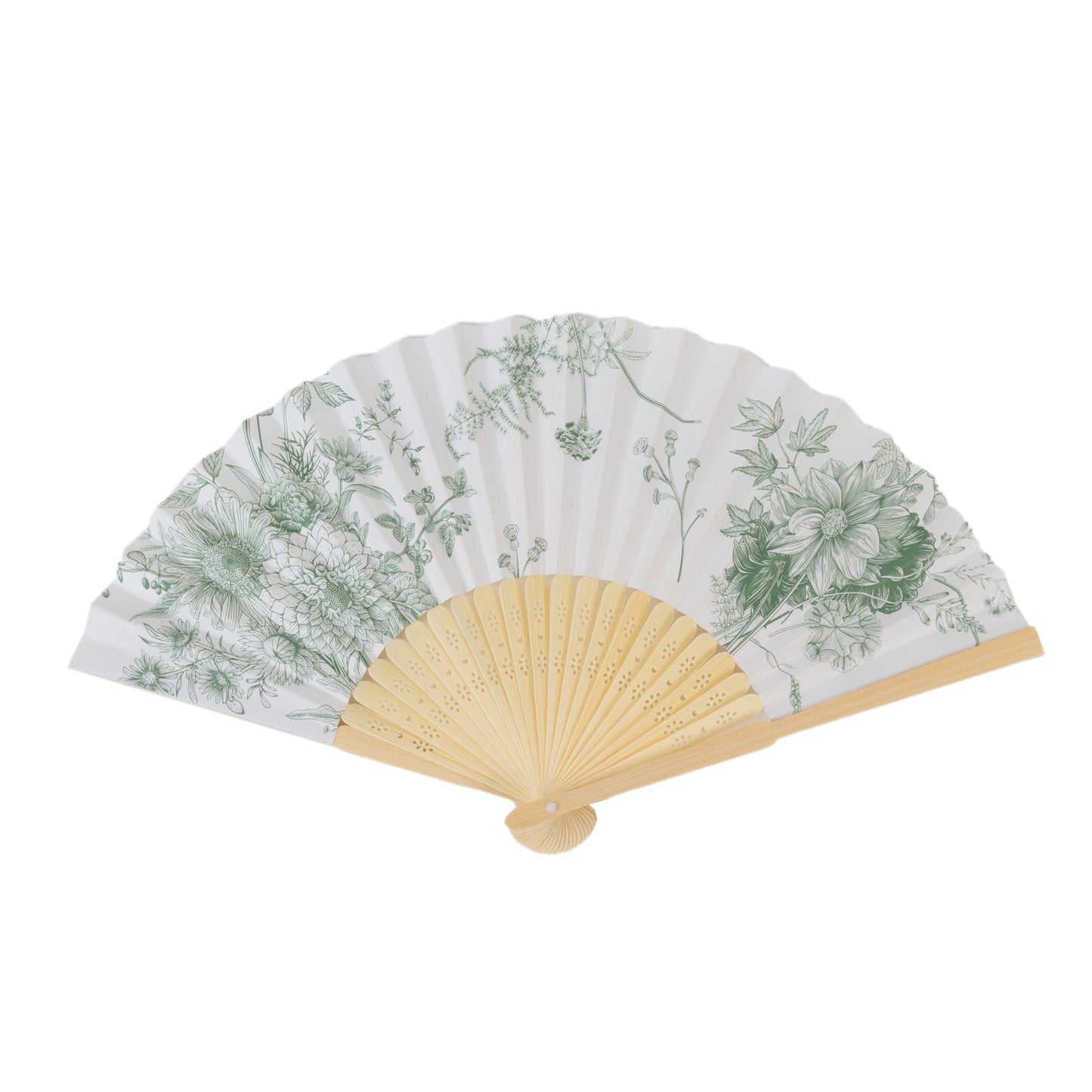 5-Pack Paper Folding Fans Party Favors in White & Sage Green French Toile Pattern, Handheld Fans with Bamboo Frame