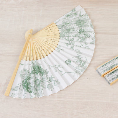 White & Sage Green French Toile Folding Fans