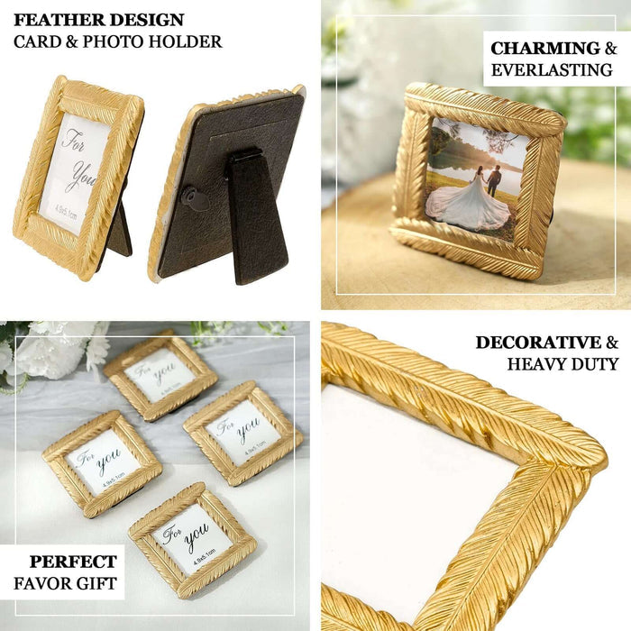 4 Pack | Gold Resin 3" Mini Square Vintage Feather Picture Frames, Vintage Wedding Party Favors Card Place Holder