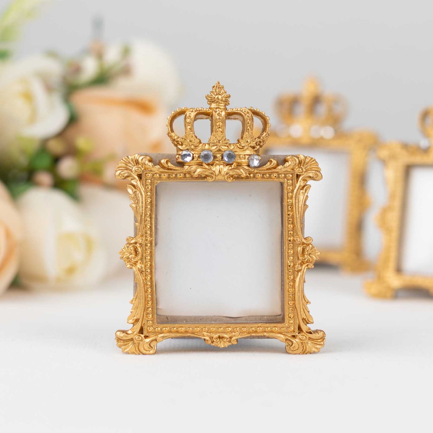 4 Pack Gold Resin Royal Crown Square Picture Frame Party Favors, 3.5" Vintage Wedding Place Card Holders