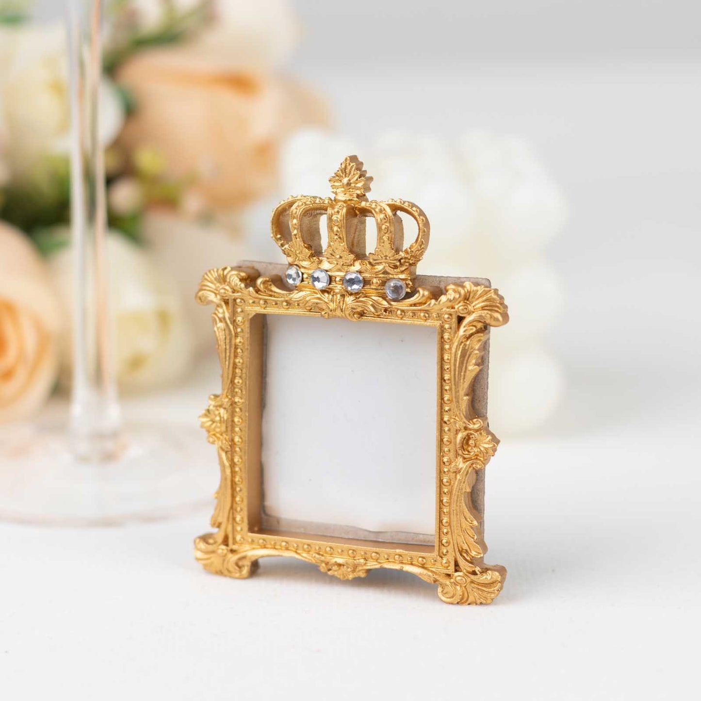4 Pack Gold Resin Royal Crown Square Picture Frame Party Favors, 3.5" Vintage Wedding Place Card Holders
