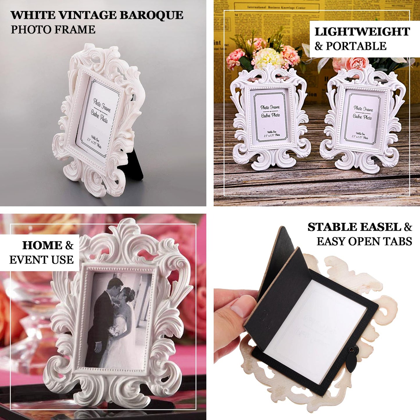 4 Pack White Resin Vintage Baroque Photo Frames, Rectangle Mini Picture Frame Party Favor Wedding Place Card Holders - 4"x3"