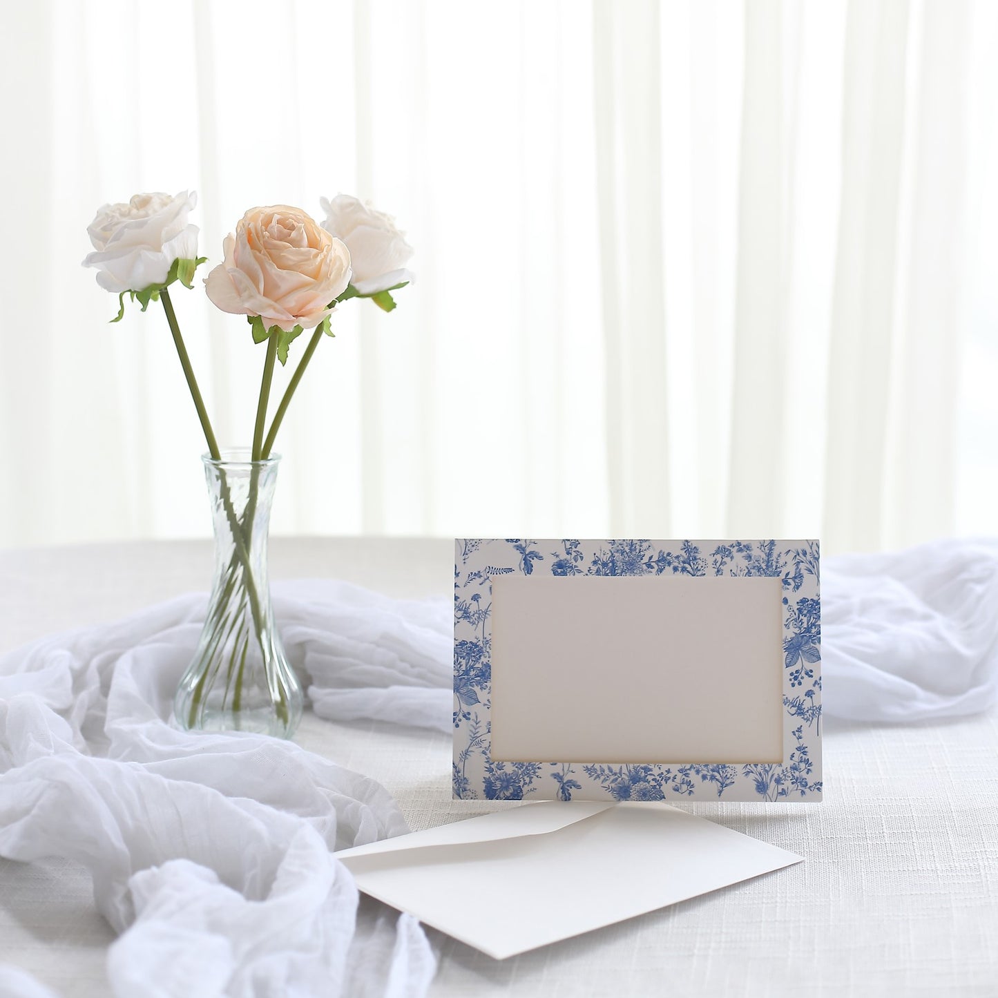 25 Pack White Blue French Toile Photo Frame Thank You Cards with Envelopes, 3.5"x5.5" Picture Insert Invitation Cards for Weddings, Graduations, Birthday Parties, Anniversary, Milestones