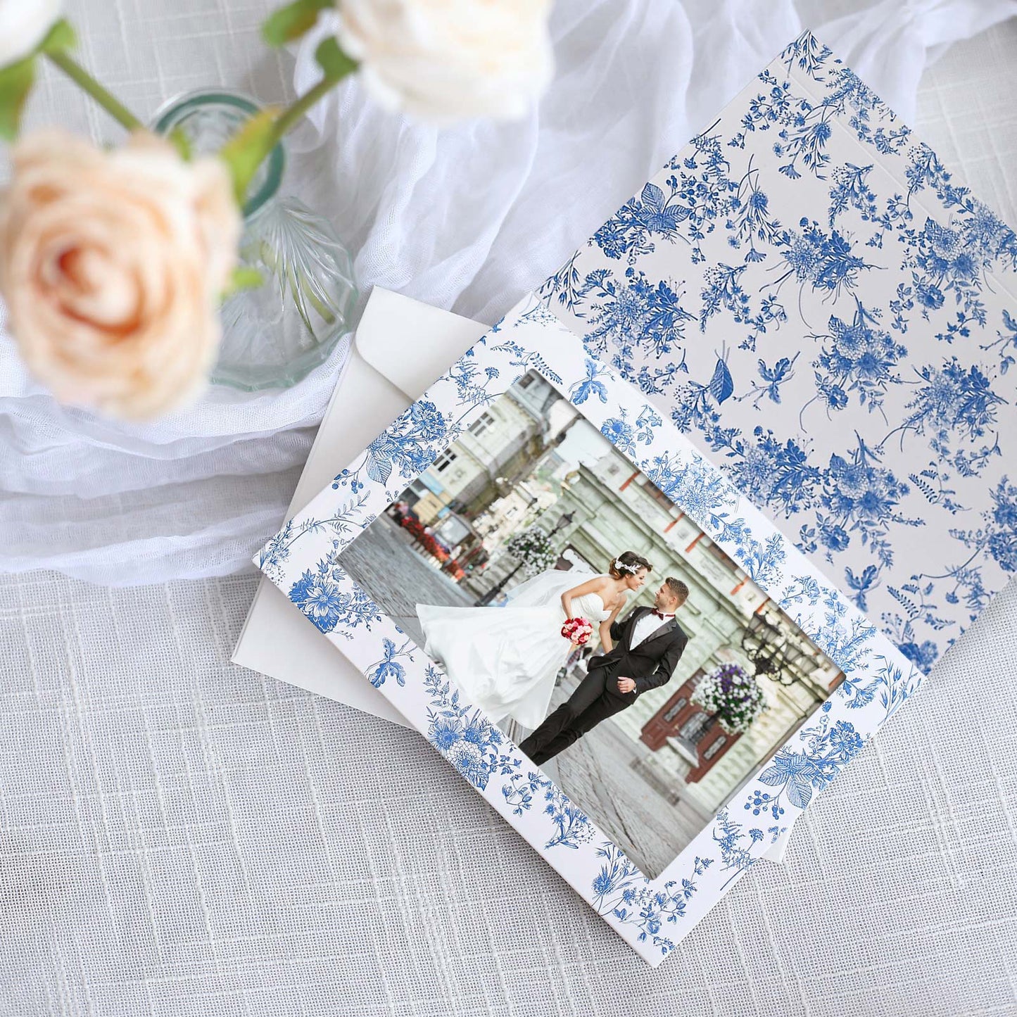 25 Pack White Blue French Toile Photo Frame Thank You Cards with Envelopes, 3.5"x5.5" Picture Insert Invitation Cards for Weddings, Graduations, Birthday Parties, Anniversary, Milestones