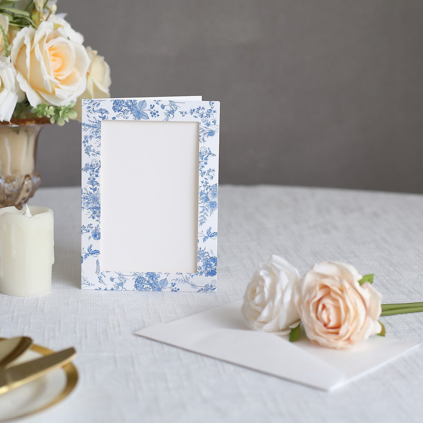 25 Pack White Blue French Toile Photo Frame Thank You Cards with Envelopes, 3.5"x5.5" Picture Insert Invitation Cards for Weddings, Graduations, Birthday Parties, Anniversary, Milestones