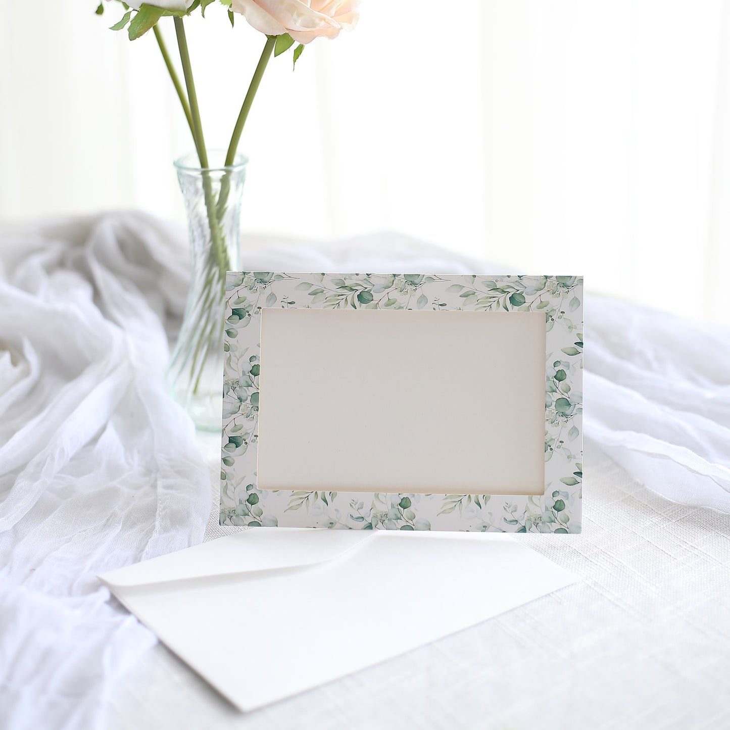 25 Pack White Green Eucalyptus Leaves Photo Frame Thank You Cards with Envelopes, 3.5"x5.5" Picture Insert Invitation Cards for Weddings, Graduations, Birthday Parties, Anniversary, Milestones