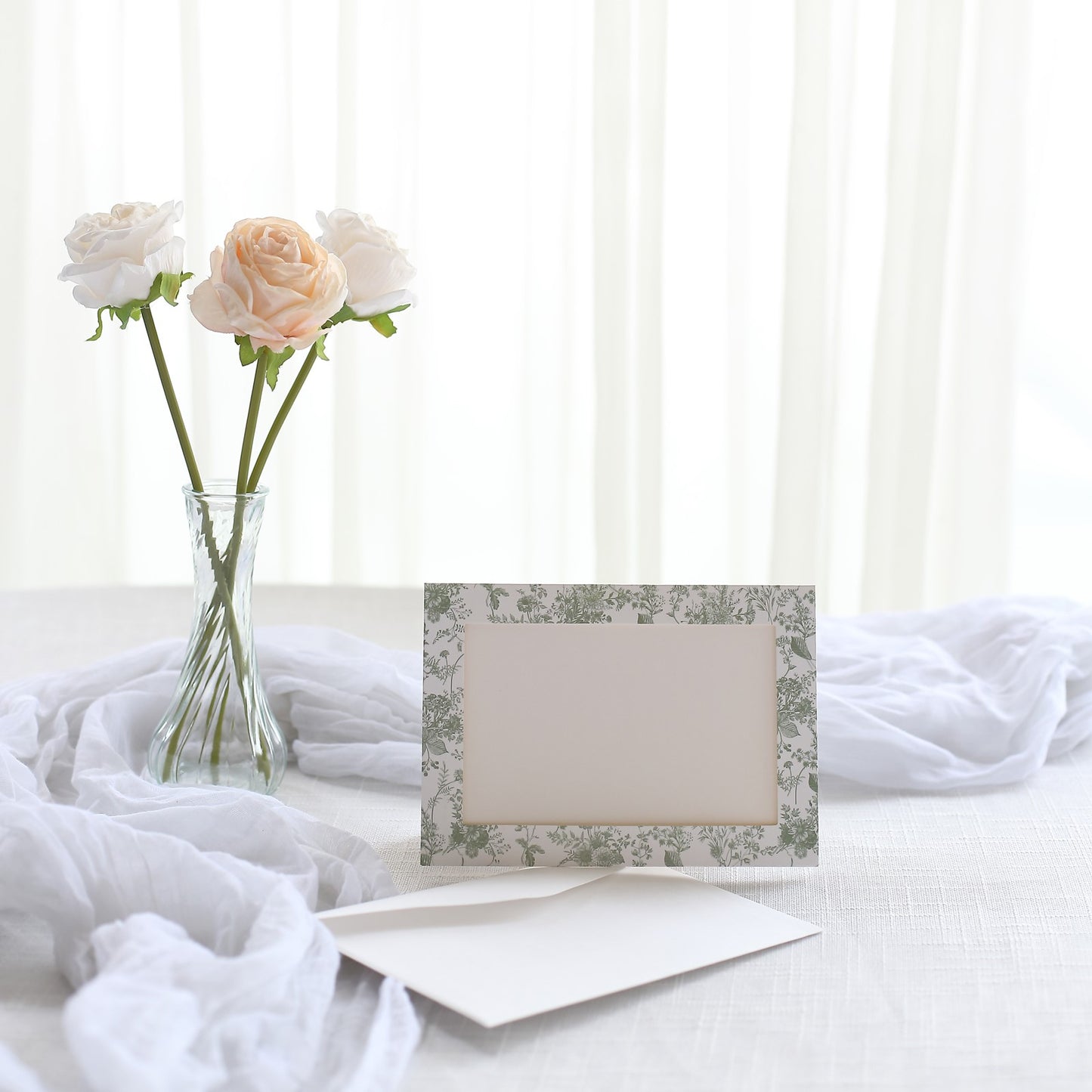 25 Pack White Sage Green French Toile Photo Frame Thank You Cards with Envelopes, 3.5"x5.5" Picture Insert Invitation Cards for Weddings, Graduations, Birthday Parties, Anniversary, Milestones