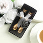 5 Pack Gold Metal Butterfly Handle Dessert Spoons in Clear Top Black Gift Box, Pre-Packed Mini Espresso Coffee Spoons Wedding Souvenir Gift with Thank You Tag and Ribbon - 4"